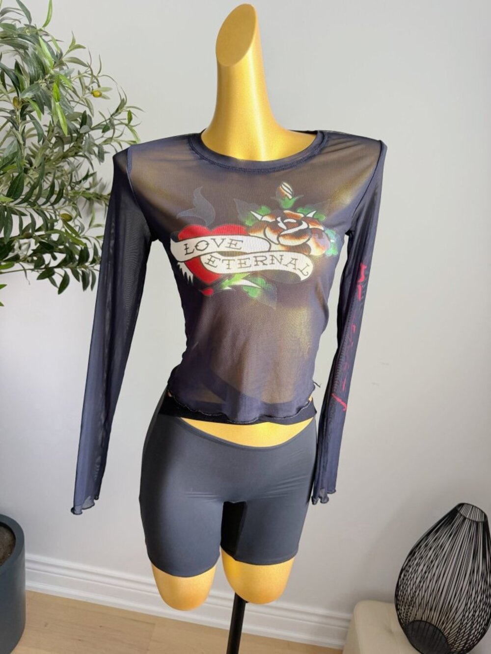 Ed Hardy Love Eternal Sheer Mesh Long Sleeve Top M Y2K Tattoo